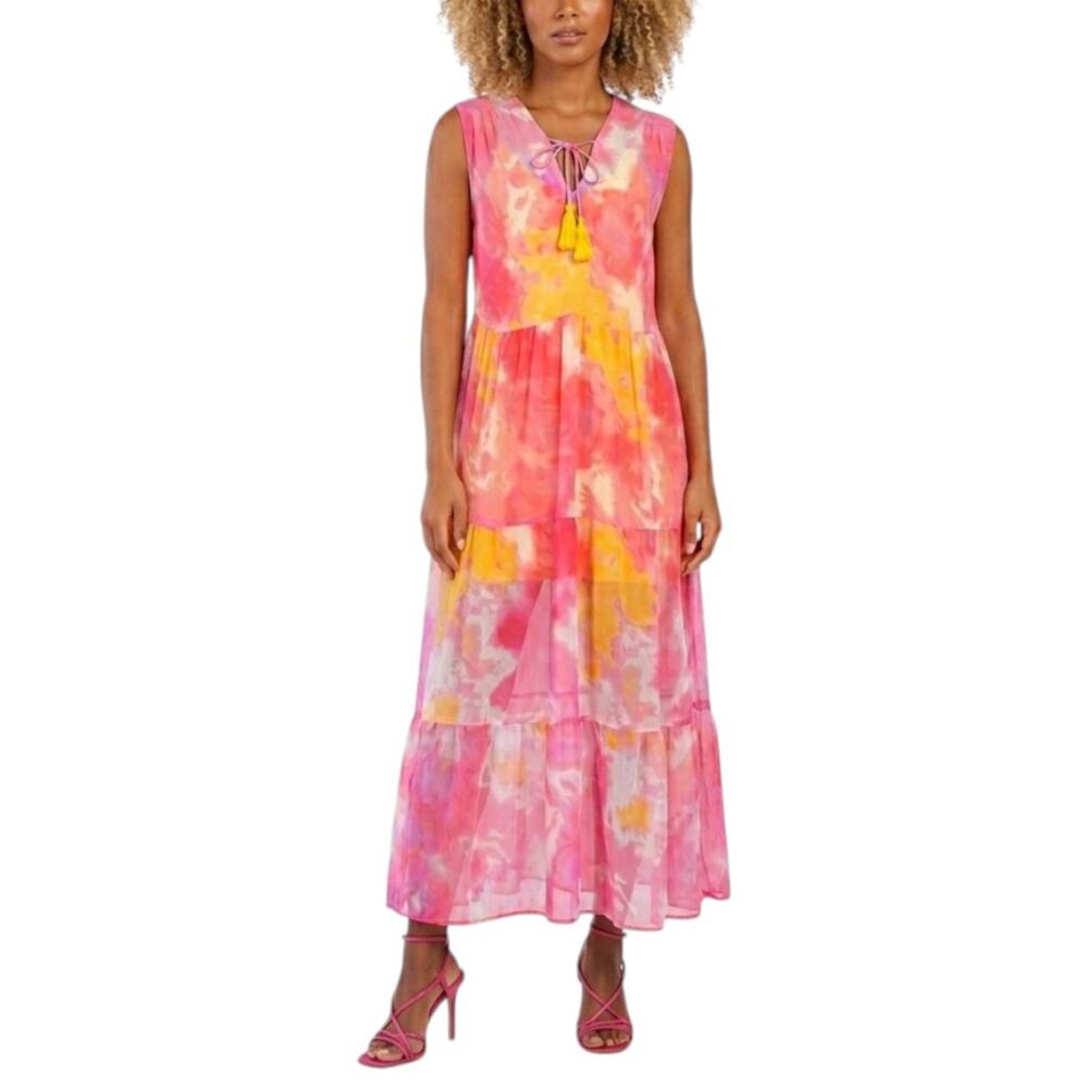 NWT AMERICA & BEYOND Abstract Print Relaxed Fit Tiered Sheer Cover-up Maxi Dress